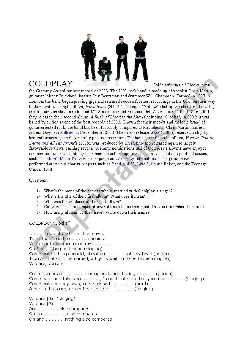 Coldplay biography, exercises and fill in the gaps song 