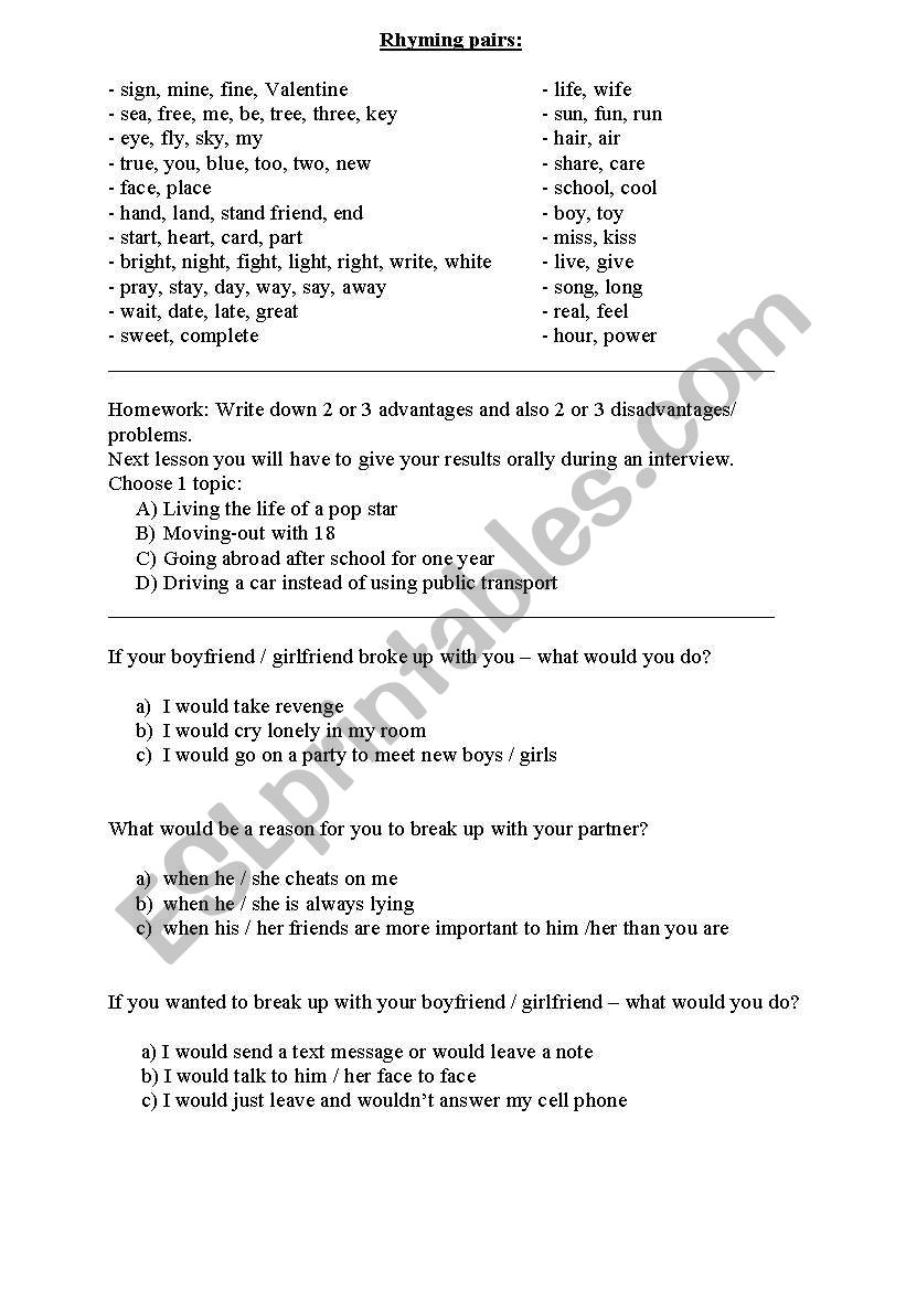 Rhyming pairs: poems; discussion; If-clause/ Conditional 2