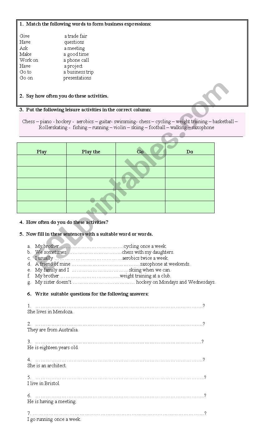 elementary business collocations and leisure activities