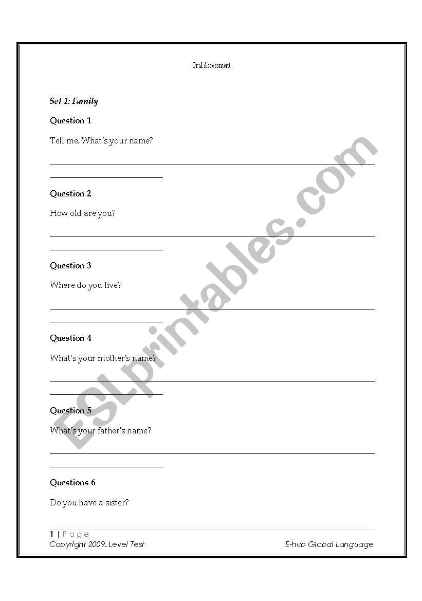 Oral Assessment worksheet