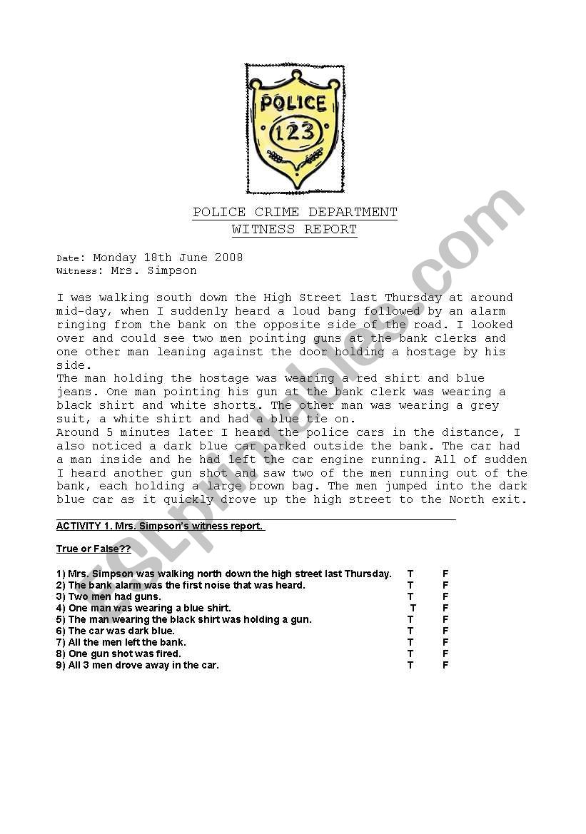 Police Reports worksheet