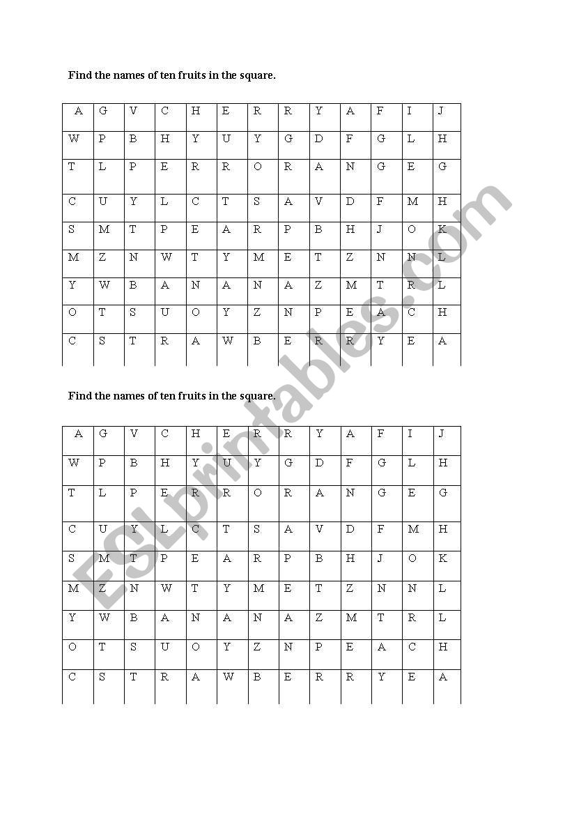 Find the names of ten fruits in the square