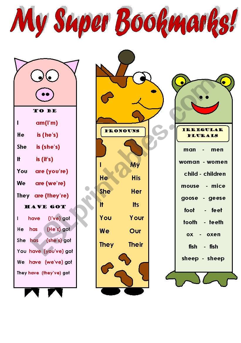 MY SUPER BOOKMARKS PART 2! - FUNNY VOCABULARY AND GRAMMAR BOOKMARKS FOR  YOUNG LEARNERS ( to be, to have; months of the year, irregular  plurals,personal and possessive pronouns, farm animals) EDITABLE WITH