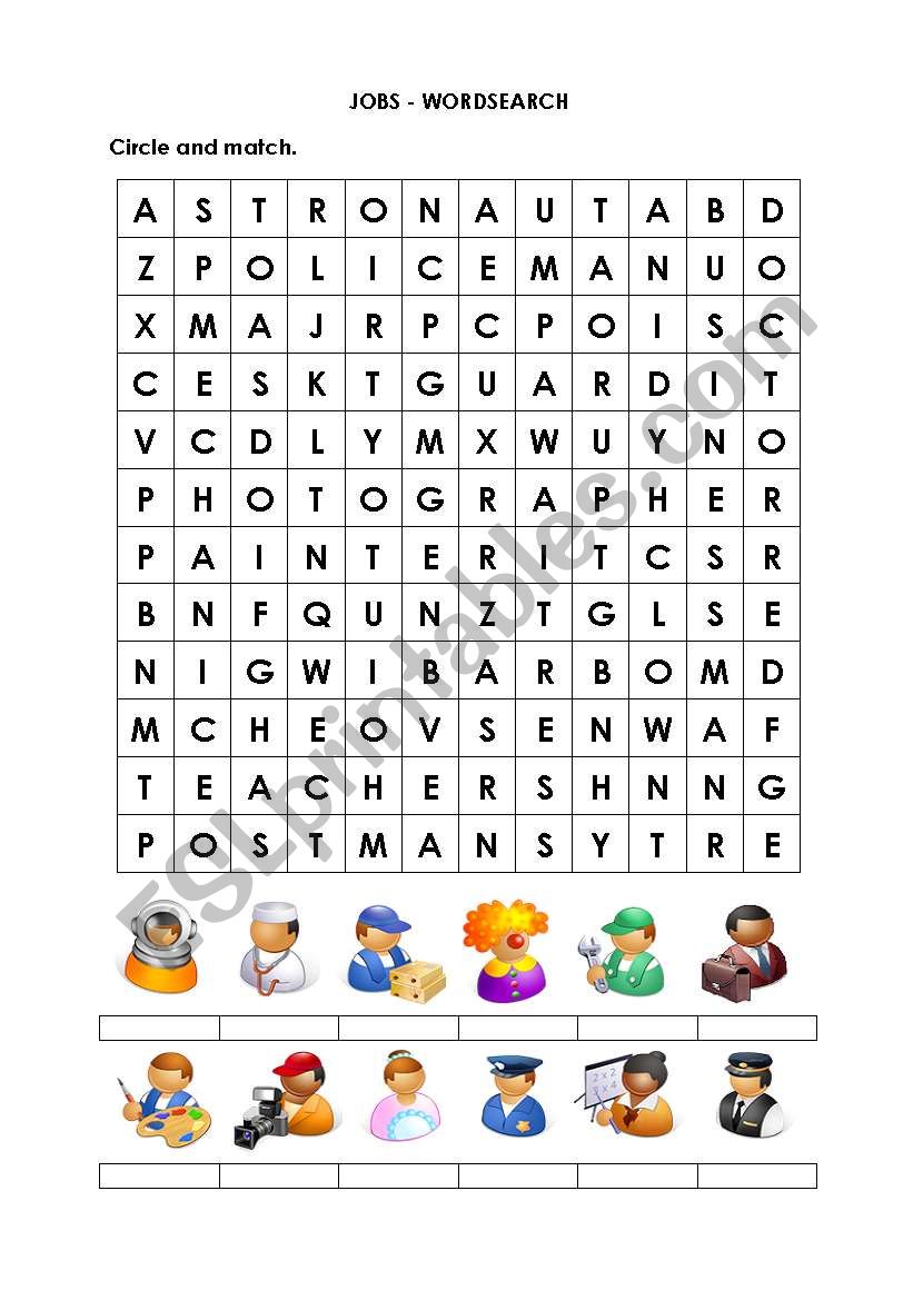 Jobs - wordsearch worksheet