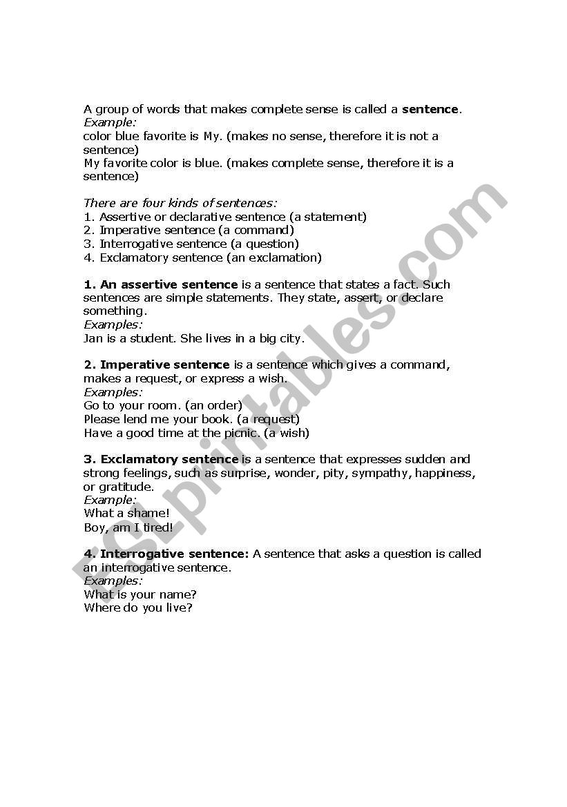 Kinds of Sentence worksheet