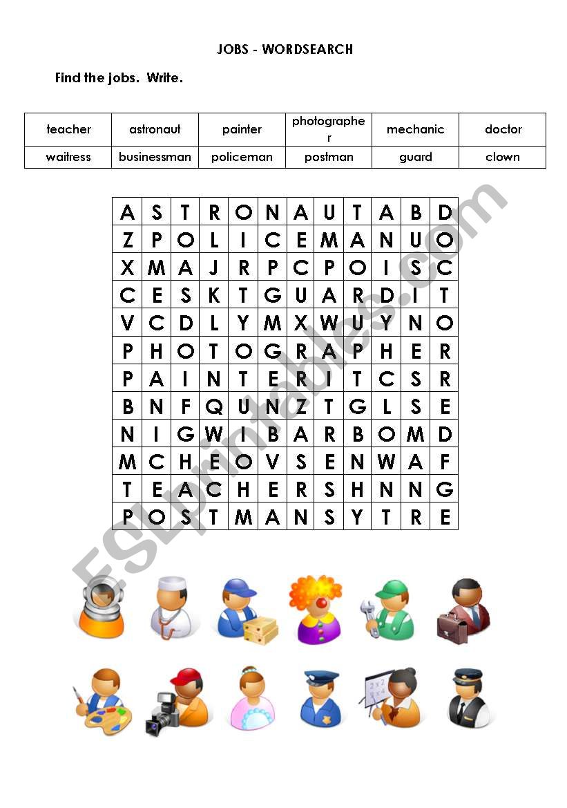 Jobs - wordsearch worksheet