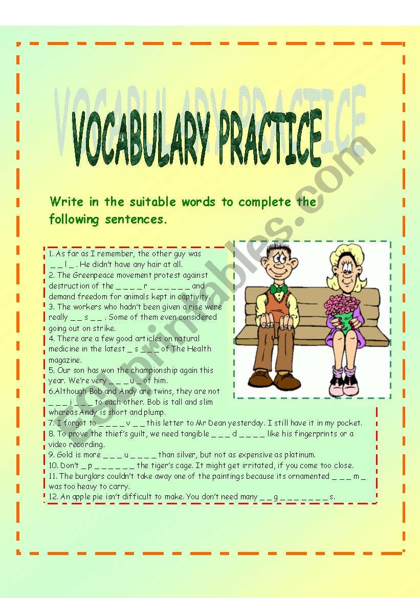 VOCABULARY PRACTICE - 46 SENTENCES TO COMPLETE + KEY