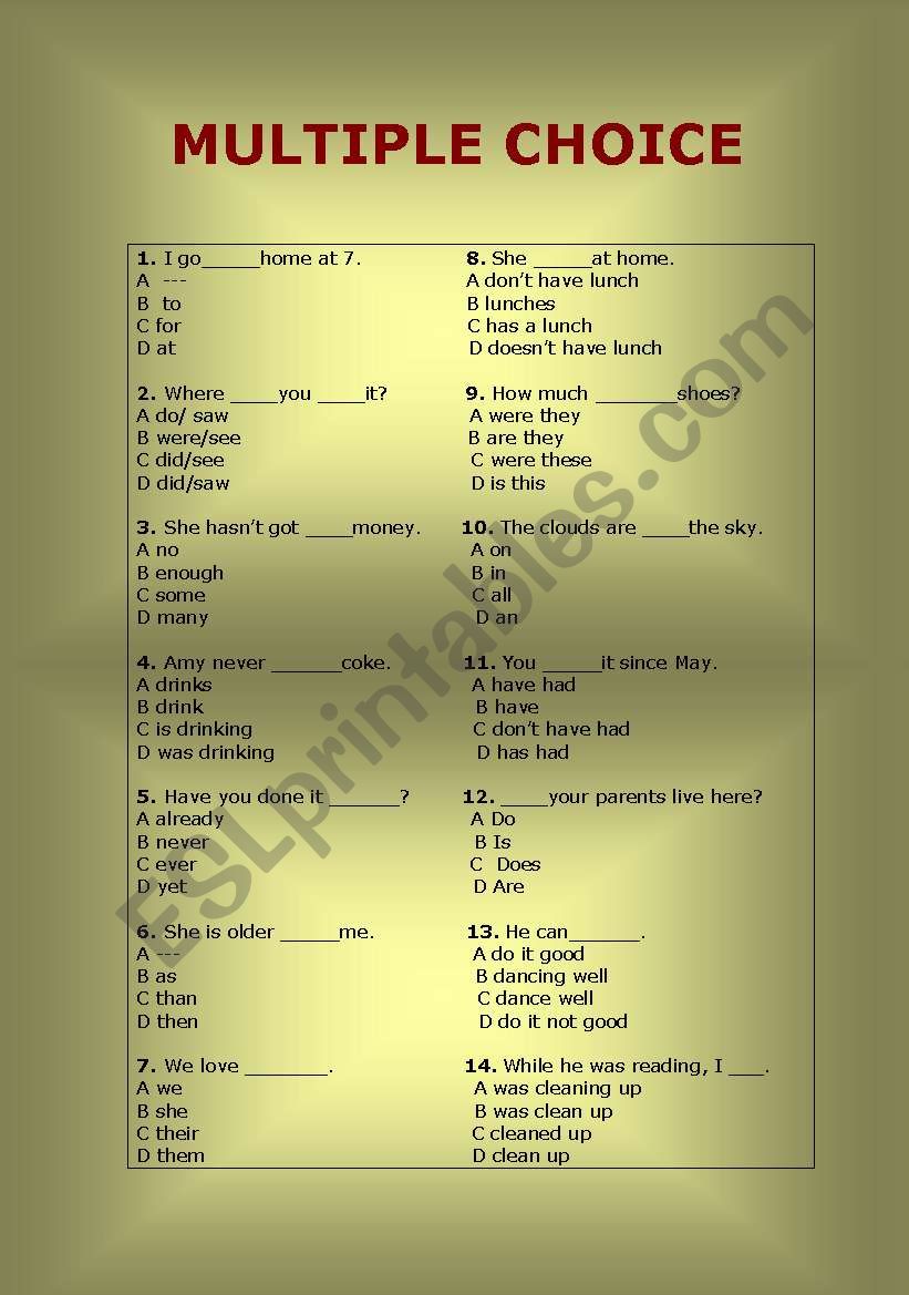 MULTIPLE CHOICE worksheet