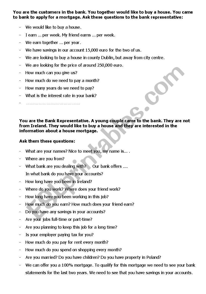 Activity: In the Bank worksheet