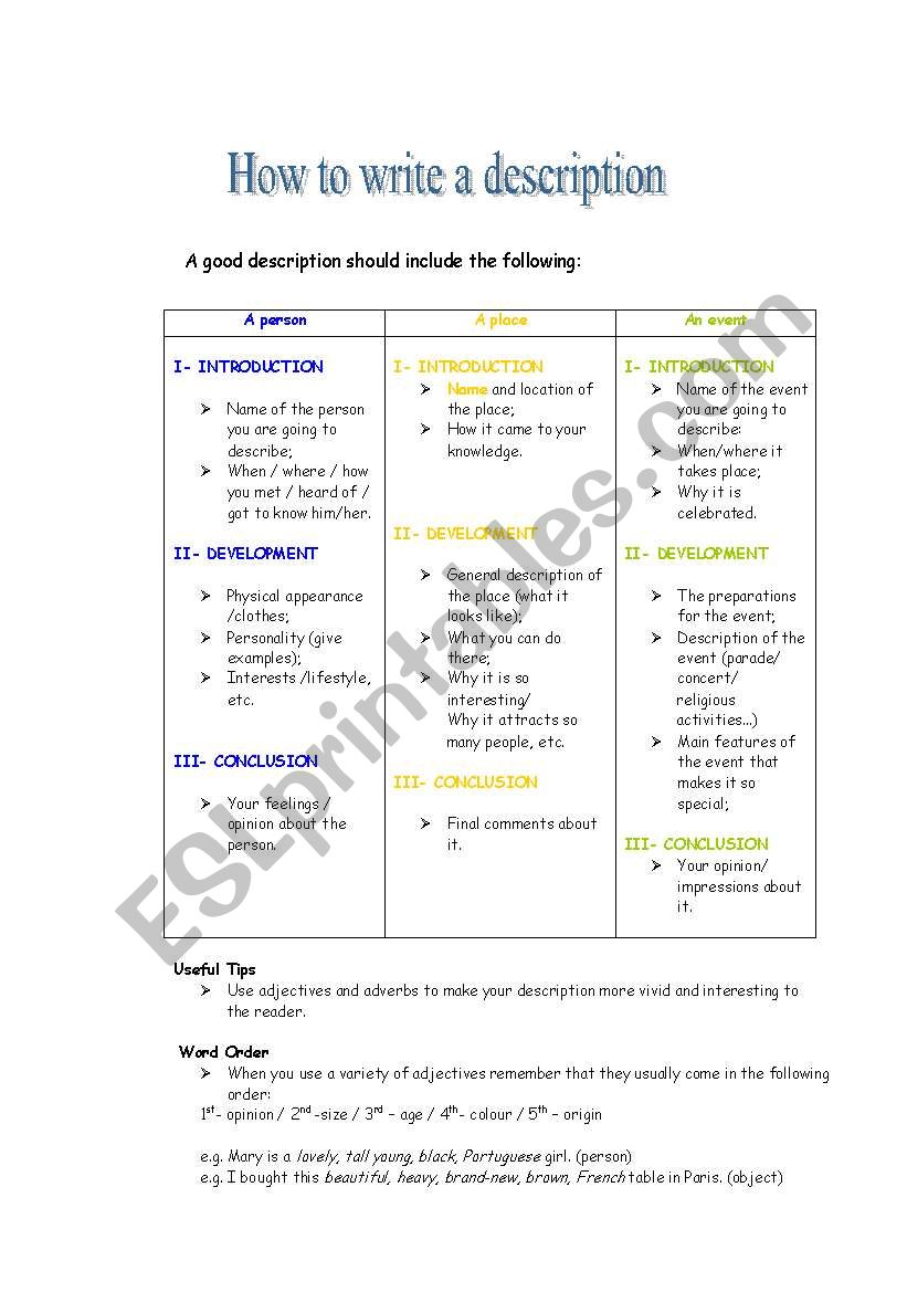 How to make a description worksheet