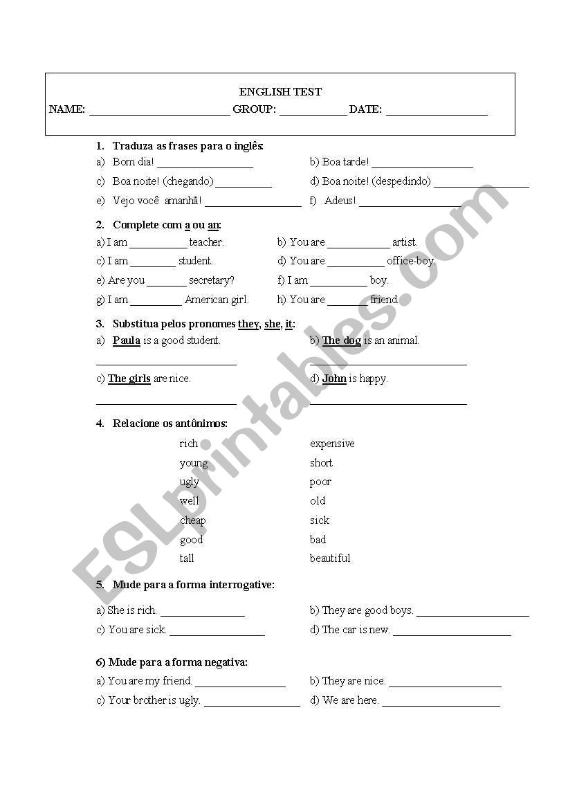 Test verb to be worksheet