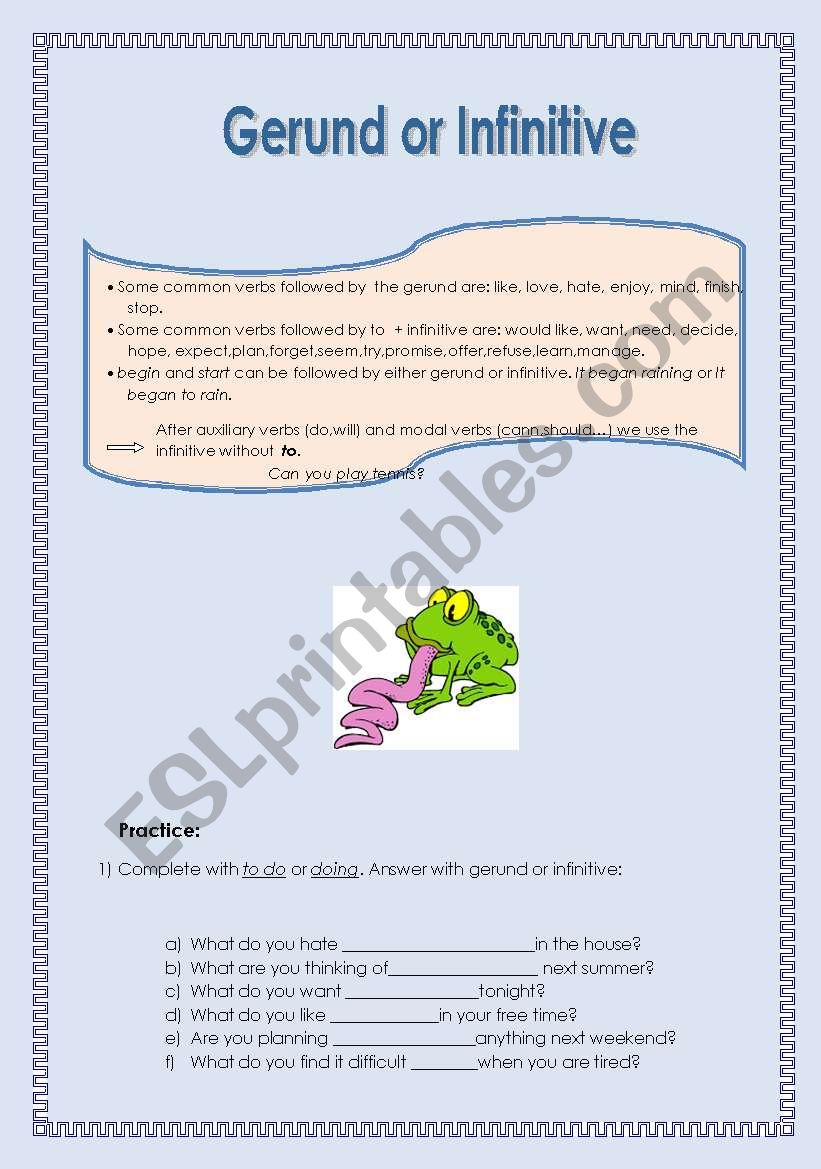 Gerund or infinitive worksheet