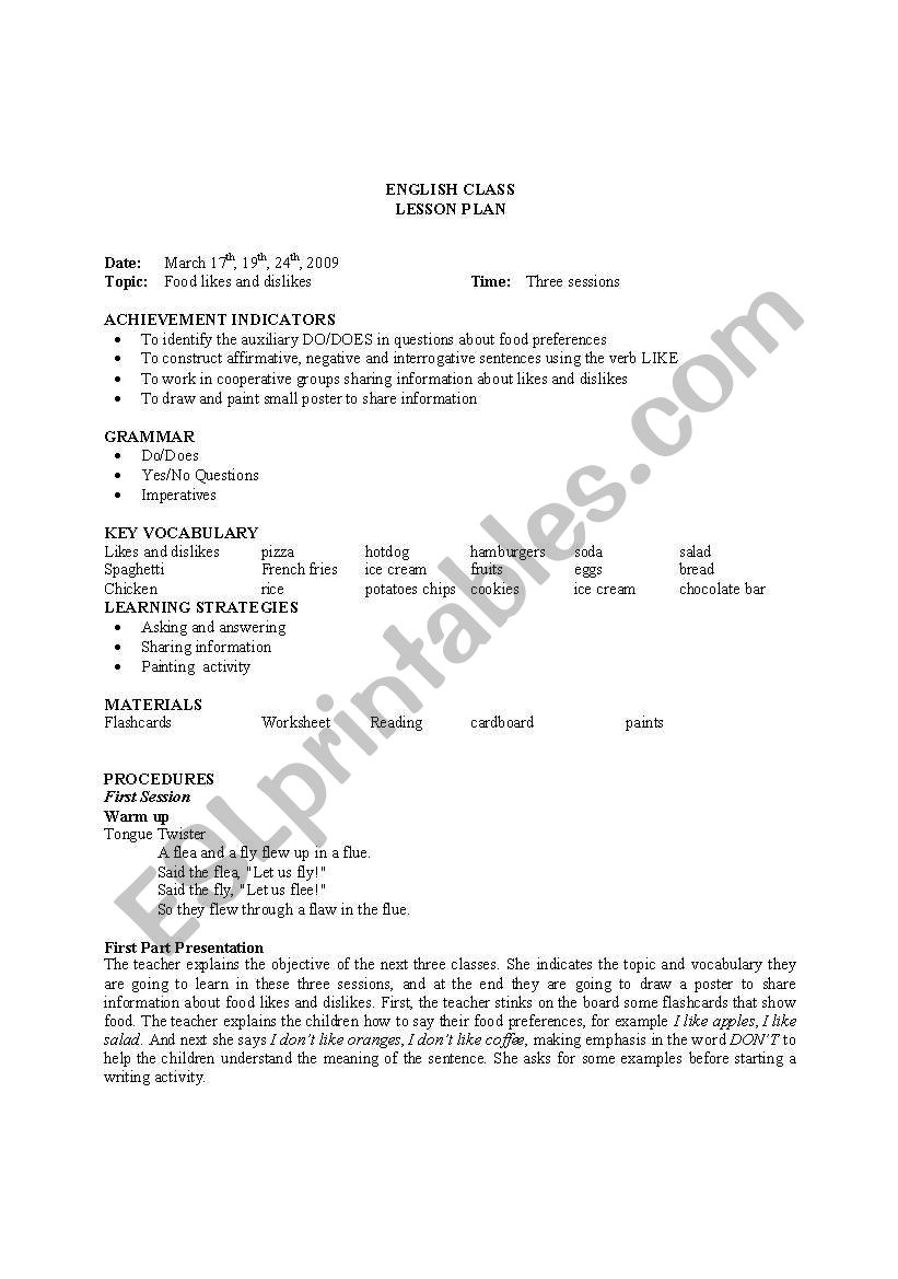 LIKES AND DISLIKES /FOOD worksheet