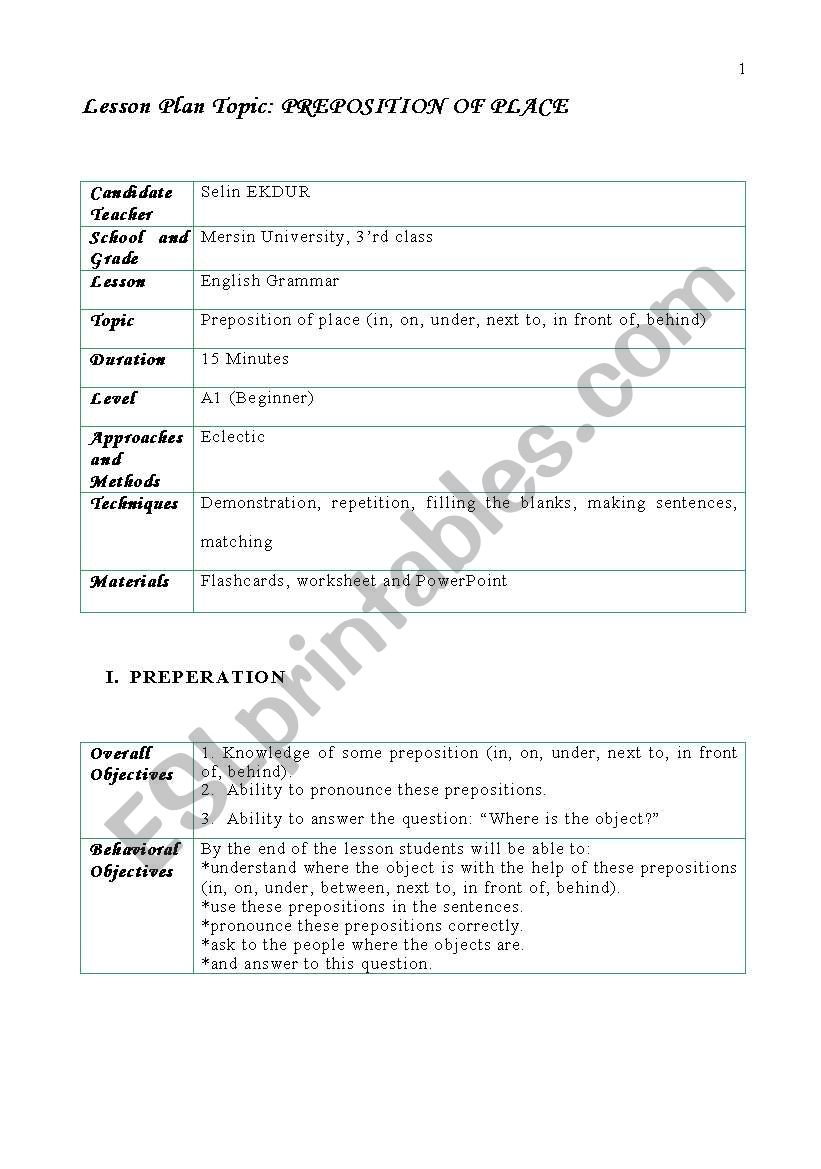 prepositions of place worksheet