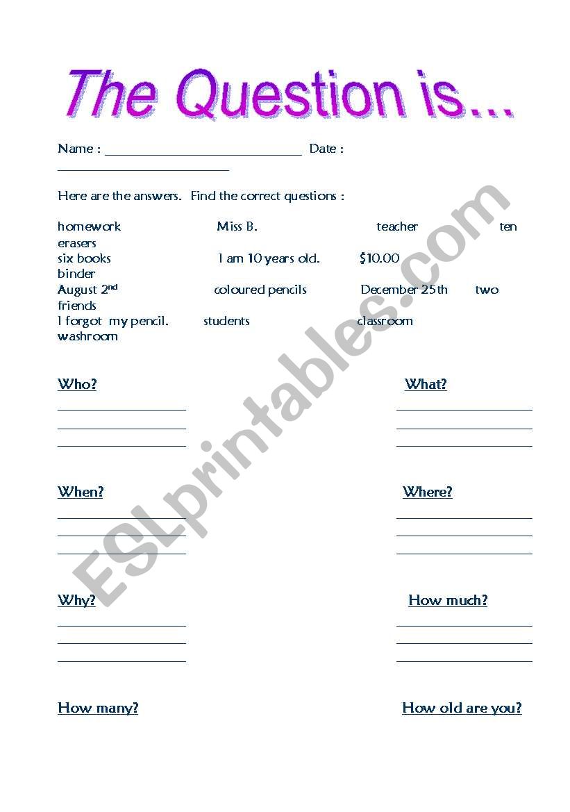 Qustion word practise worksheet