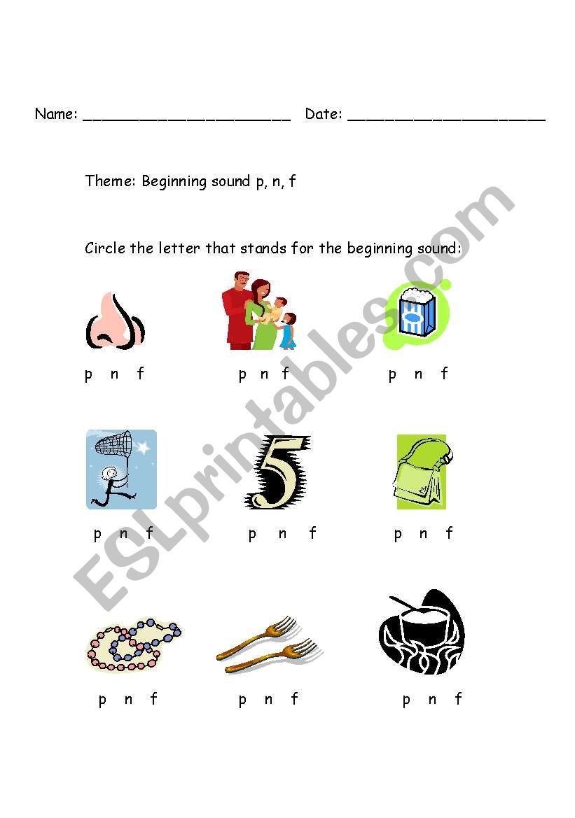 Beginning n, f, p sound worksheet