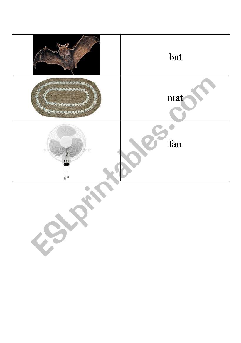 short a: bat mat fan worksheet
