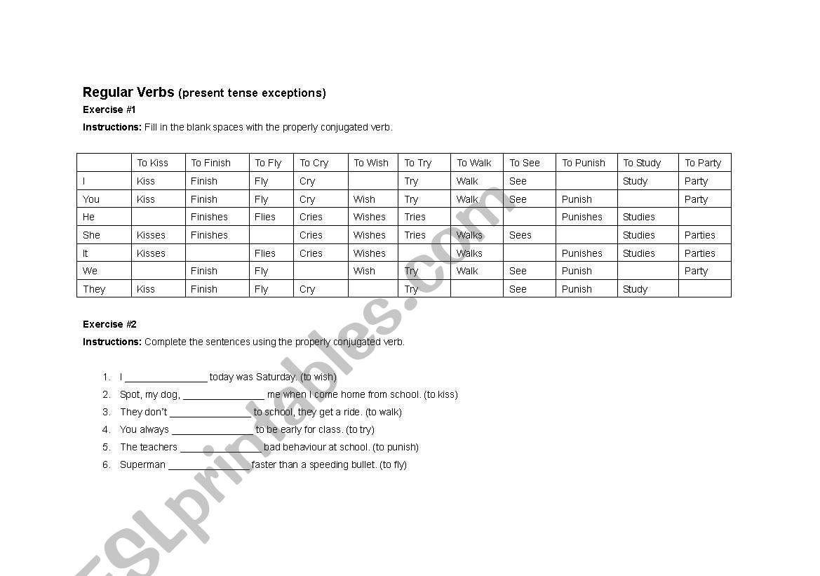 Regular Verbs (Present Tense) Exceptions Worksheet