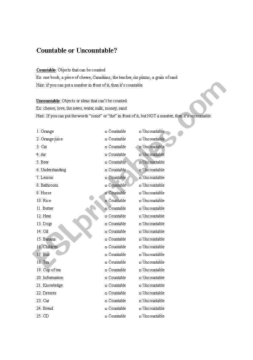 Countables worksheet