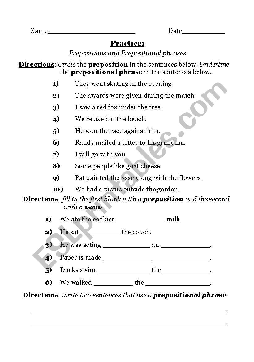 Prepositional Phrases worksheet