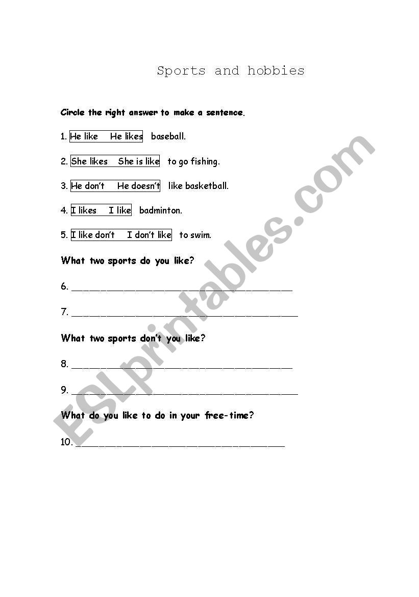 Sports and Hobbies worksheet