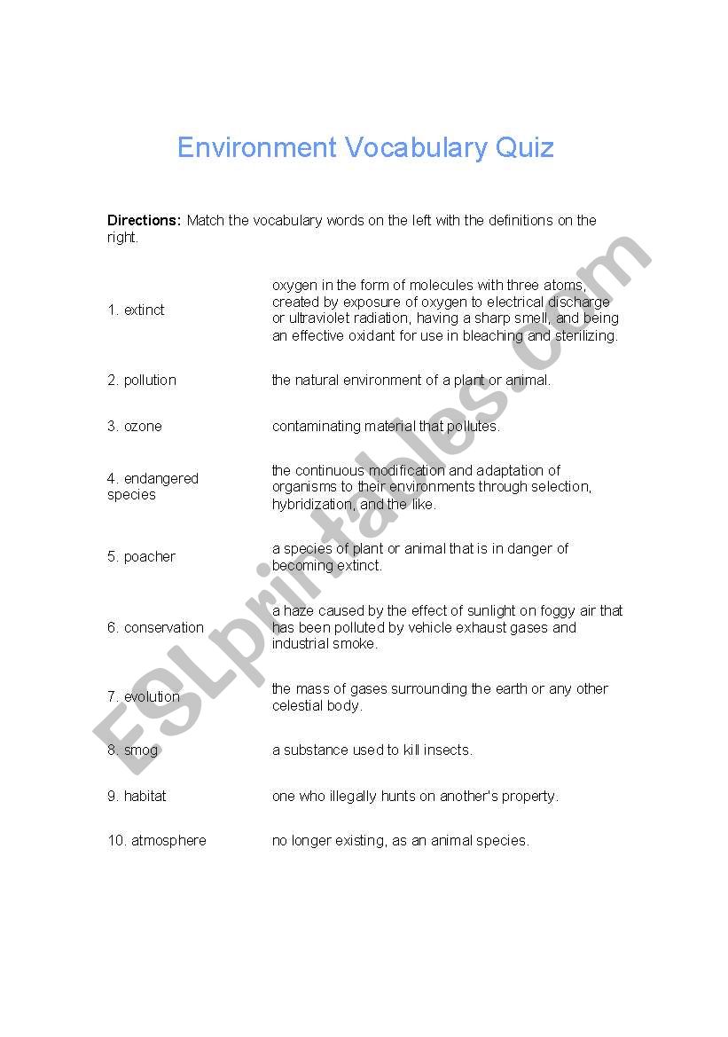 Environmet Quiz worksheet