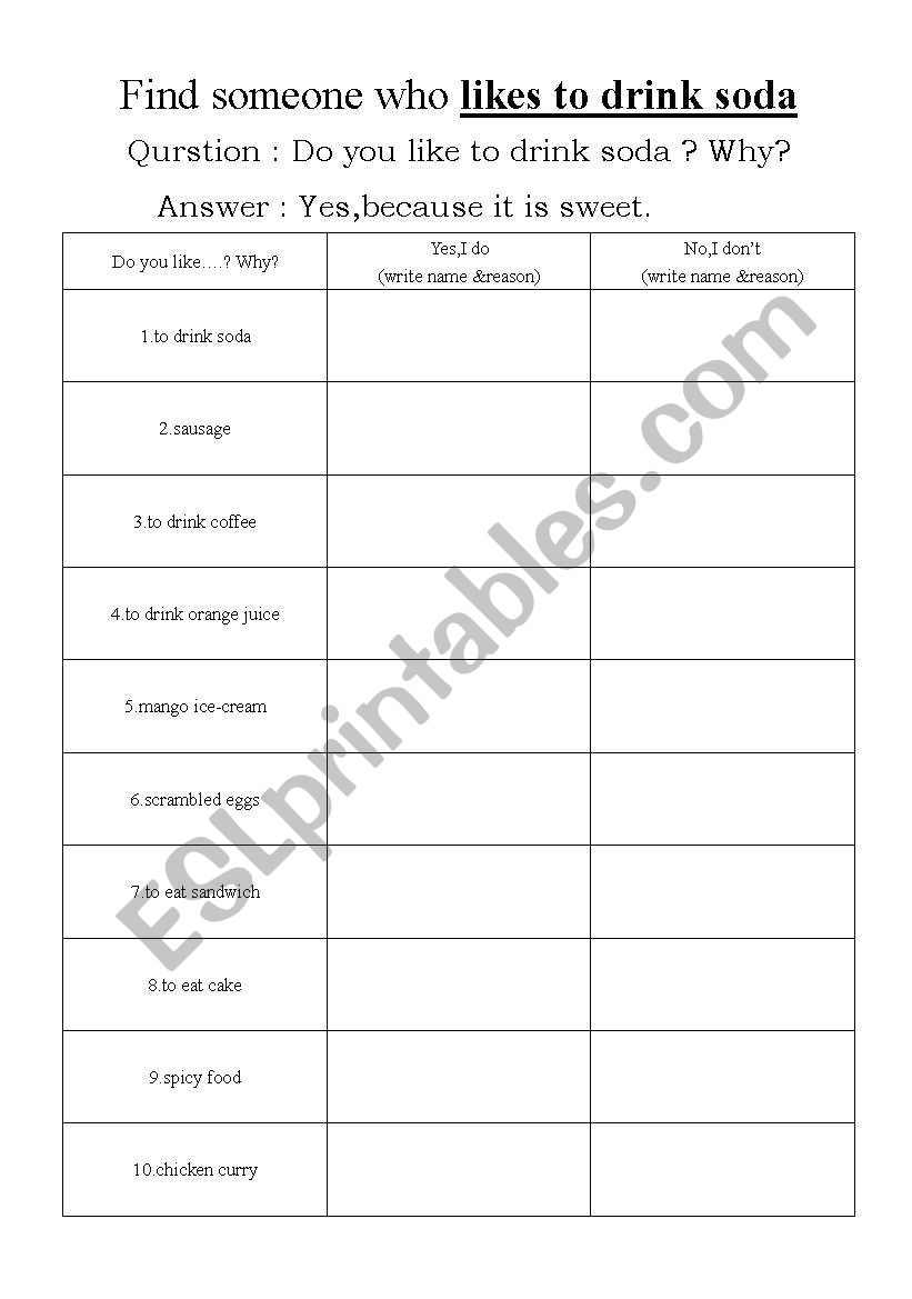 who likes to drink soda? worksheet