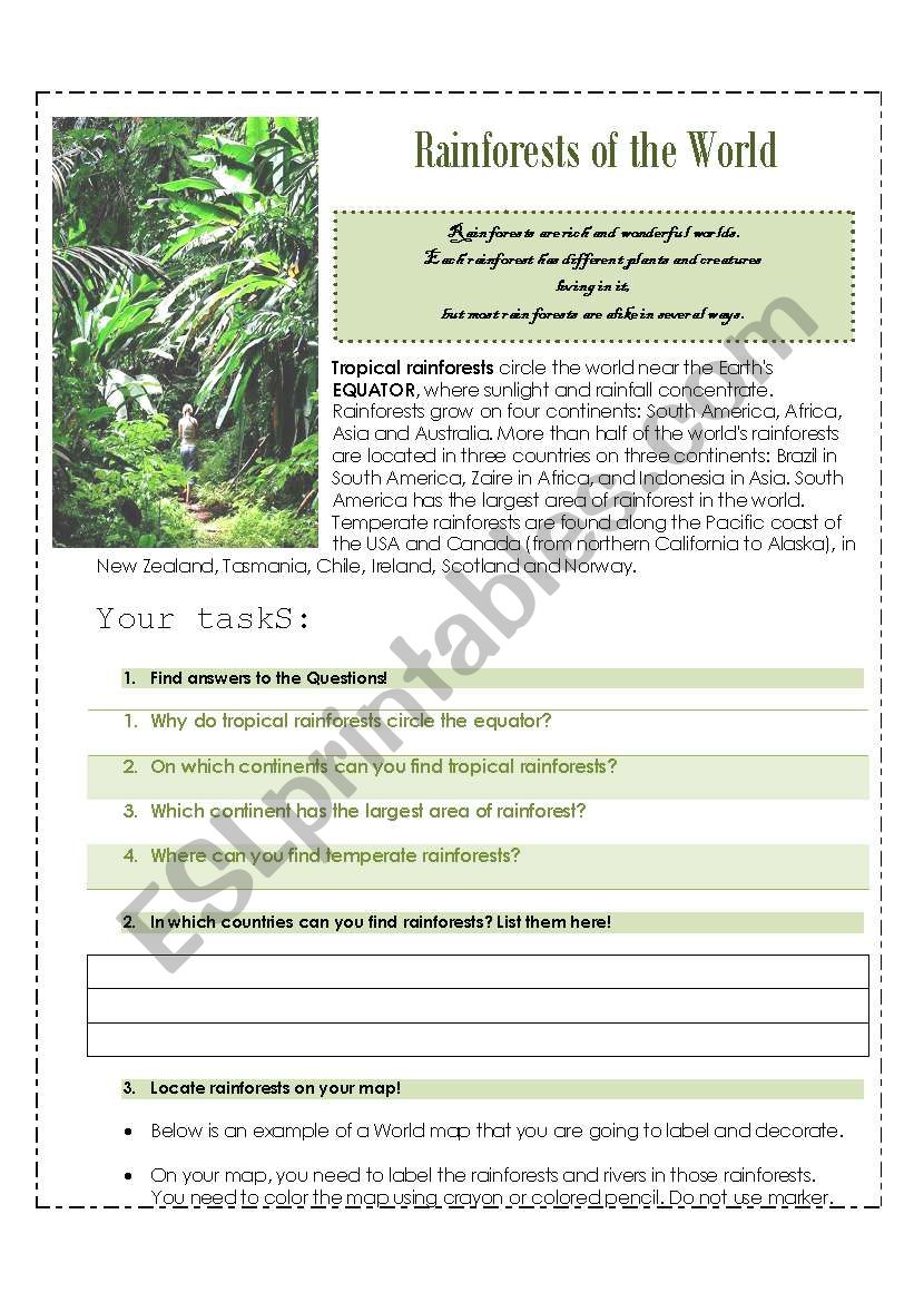 Rainforests of the world worksheet