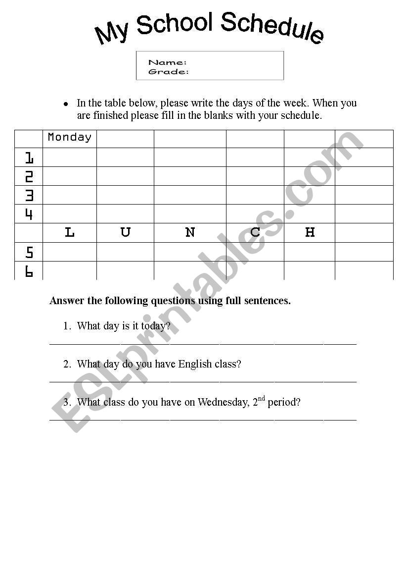 My School Schedule worksheet