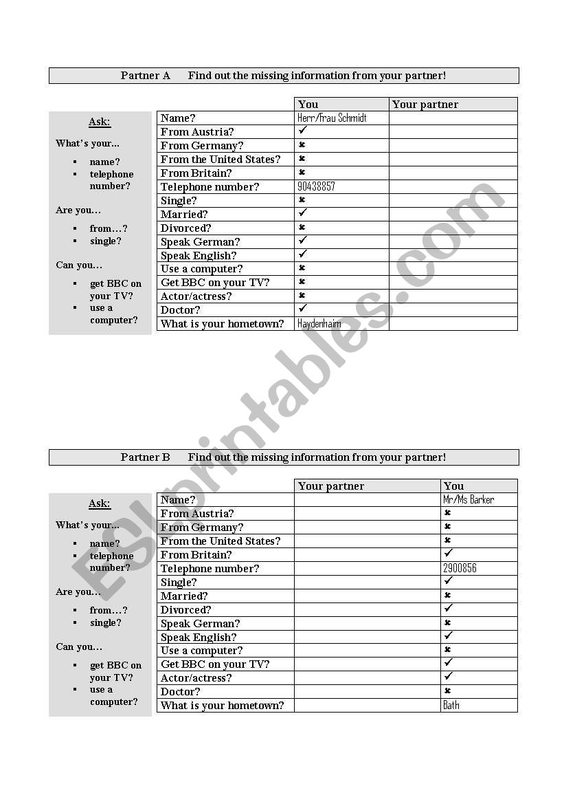 Personal information worksheet