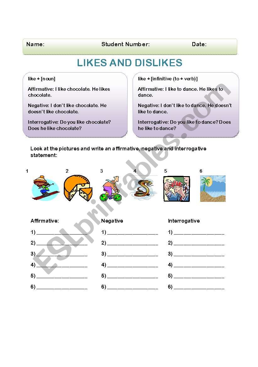 Likes and Dislikes worksheet