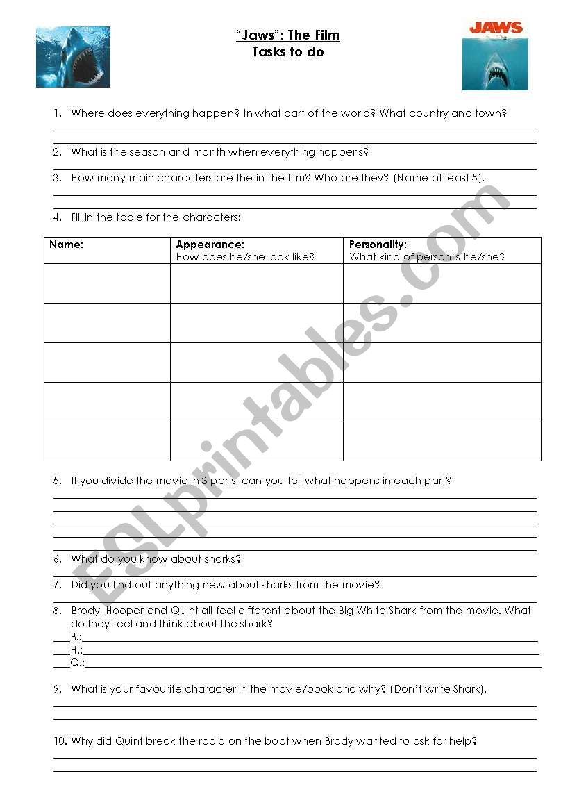 JAWS Movie Worksheet worksheet