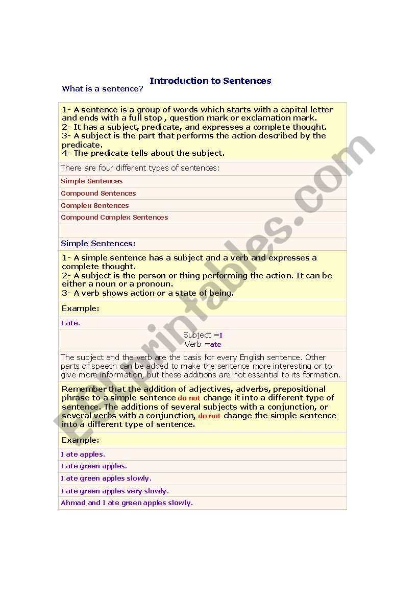 Introduction to Sentences worksheet