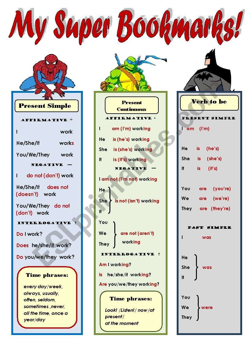 MY SUPER BOOKMARKS PART 3! _ FUNNY GRAMMAR AND VOCABULARY BOOKMARKS FOR KIDS (2 pages: Present Simple, Presenr Cont., Ordinal numbers 1-1000, present and past forms of to be, common irregular verbs) EDITABLE!!!