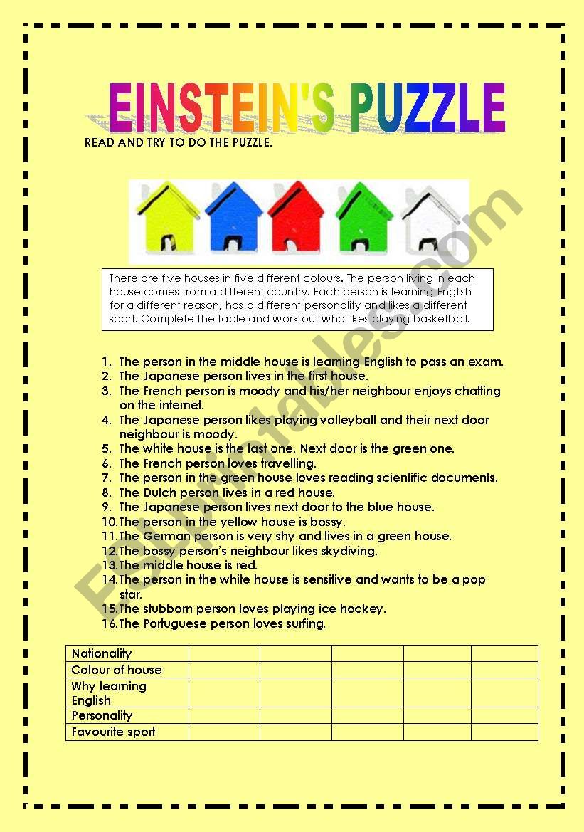 EINSTEINS PUZZLE + KEY worksheet