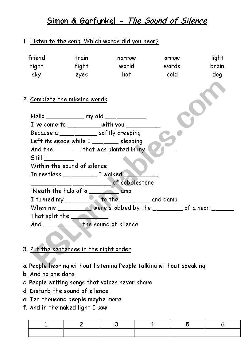 The sound of silence worksheets