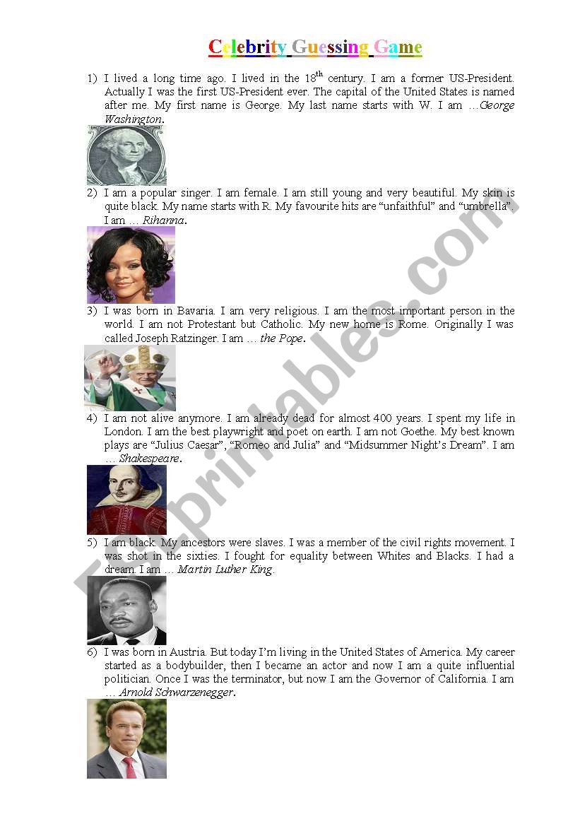 Celebrity Guessing Game worksheet