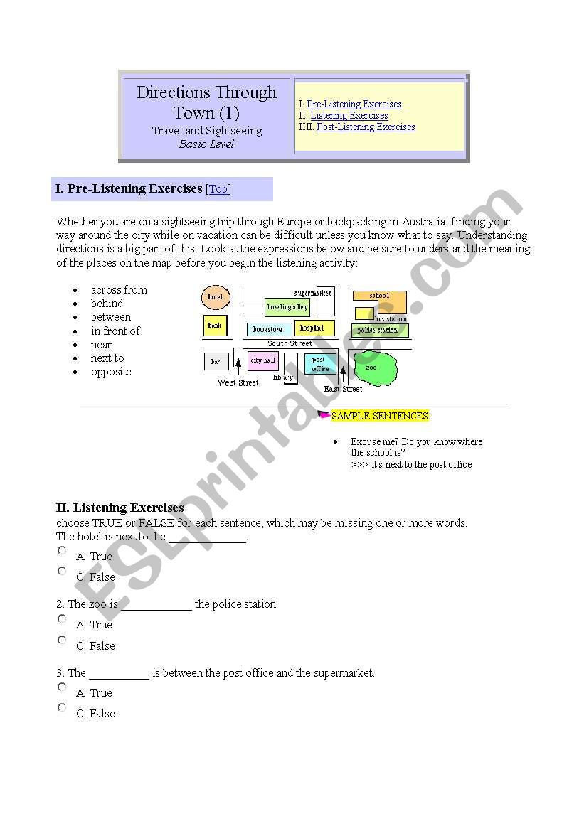 Directions  through town worksheet