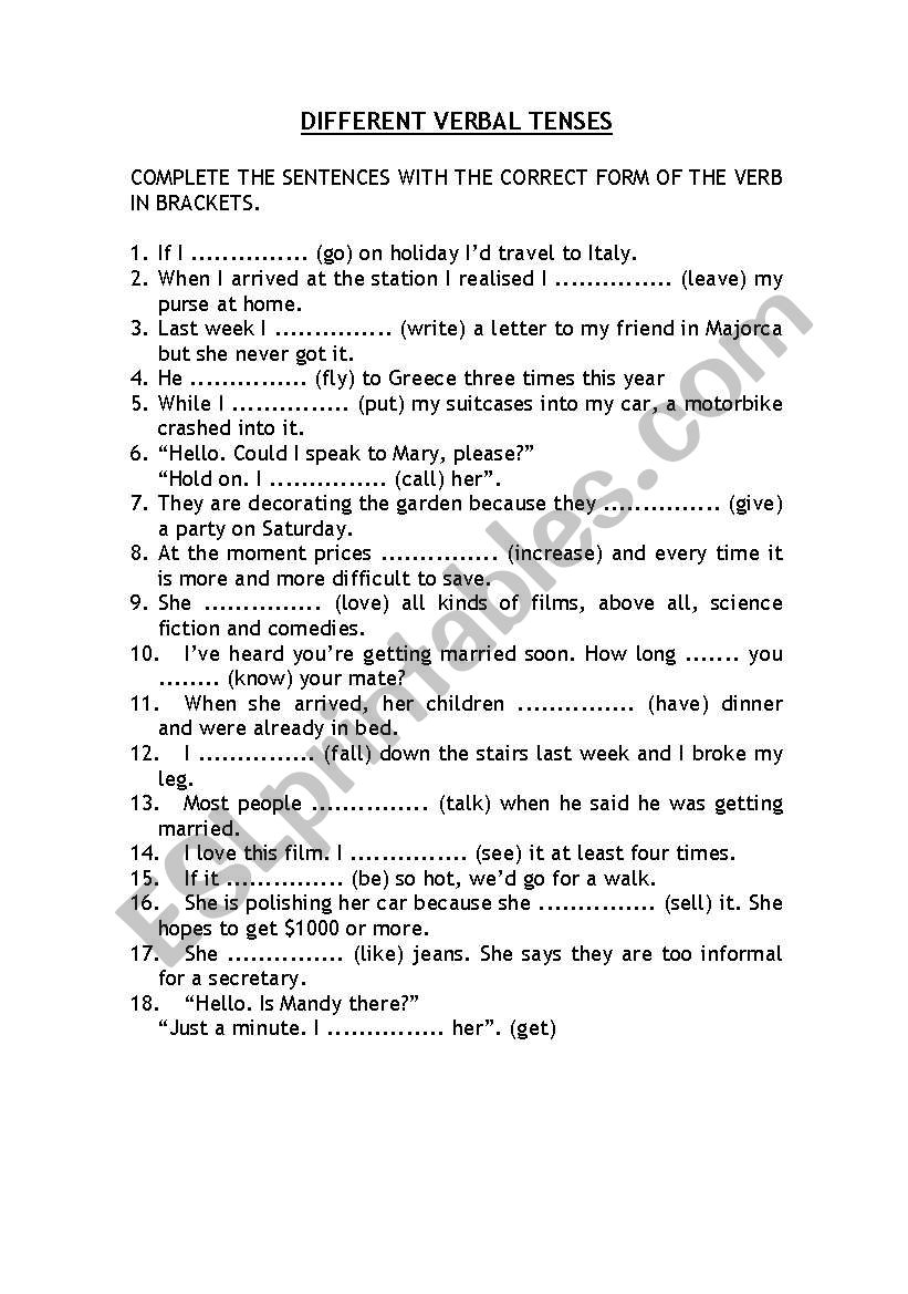 DIFFERENT VERBAL TENSES worksheet