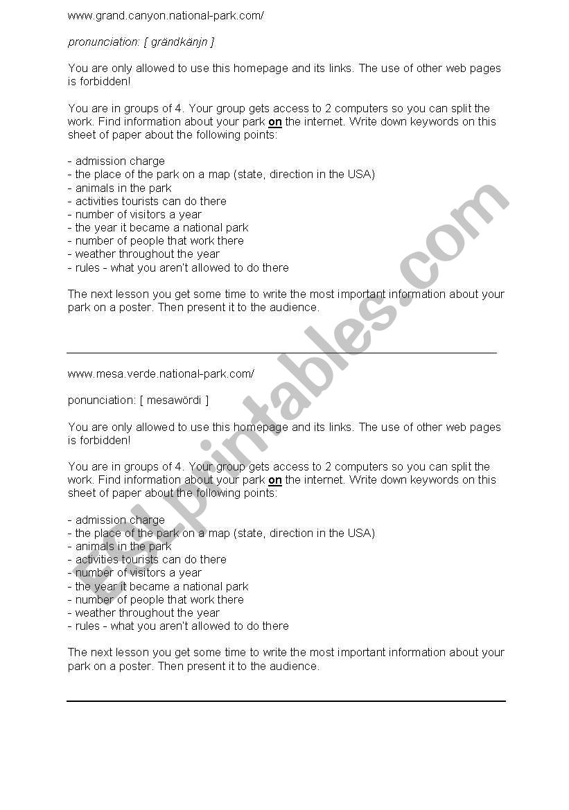 national parks worksheet