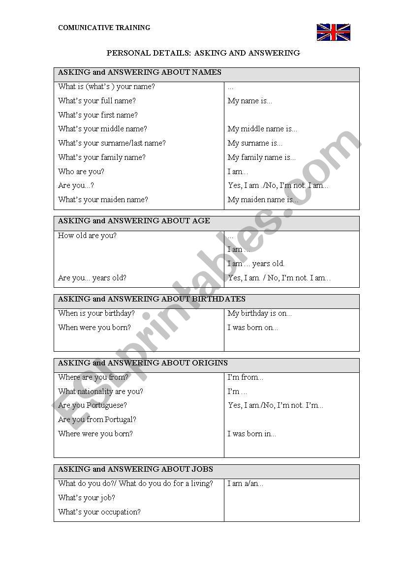 Personal information worksheet