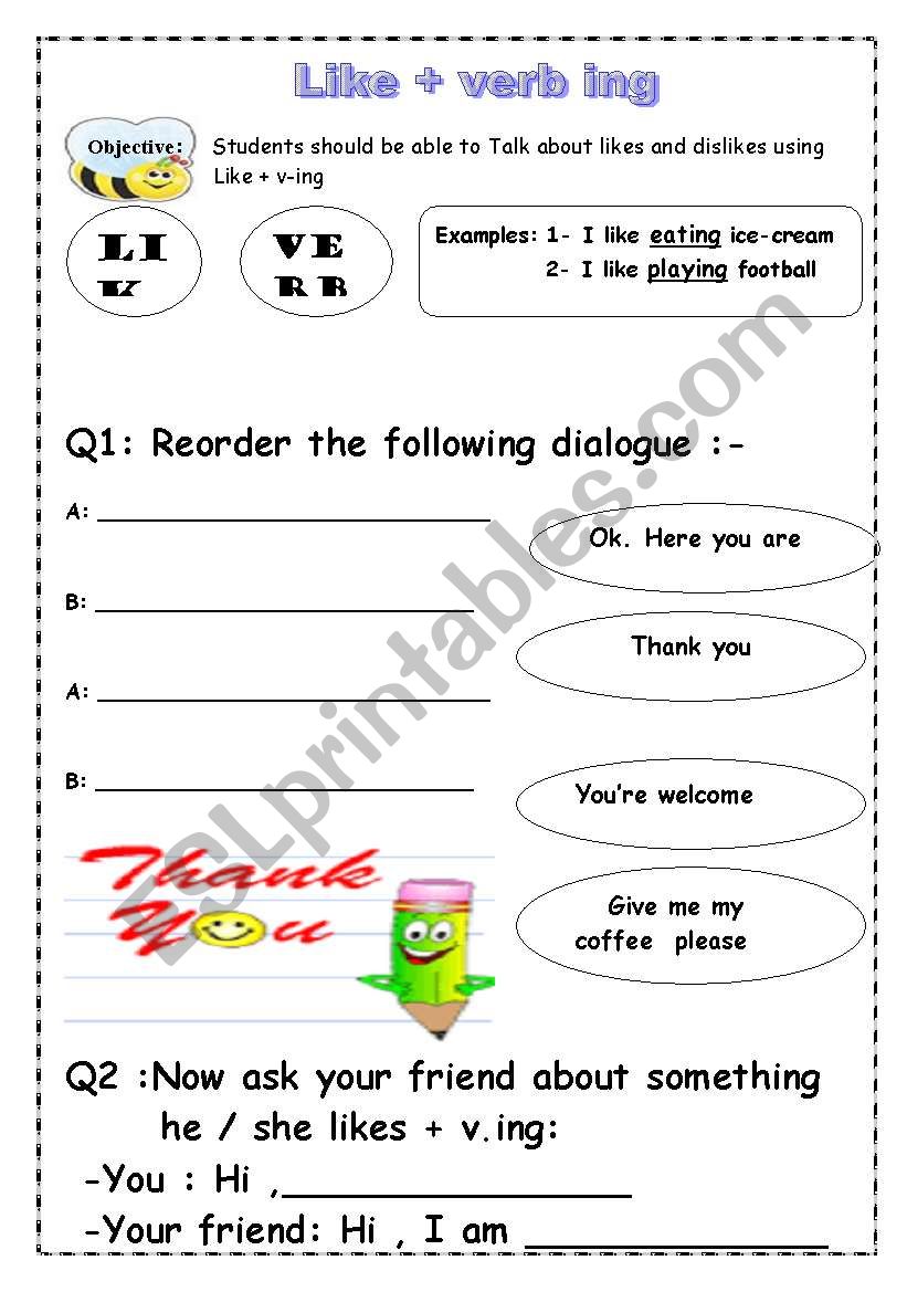 Like + verb ing worksheet