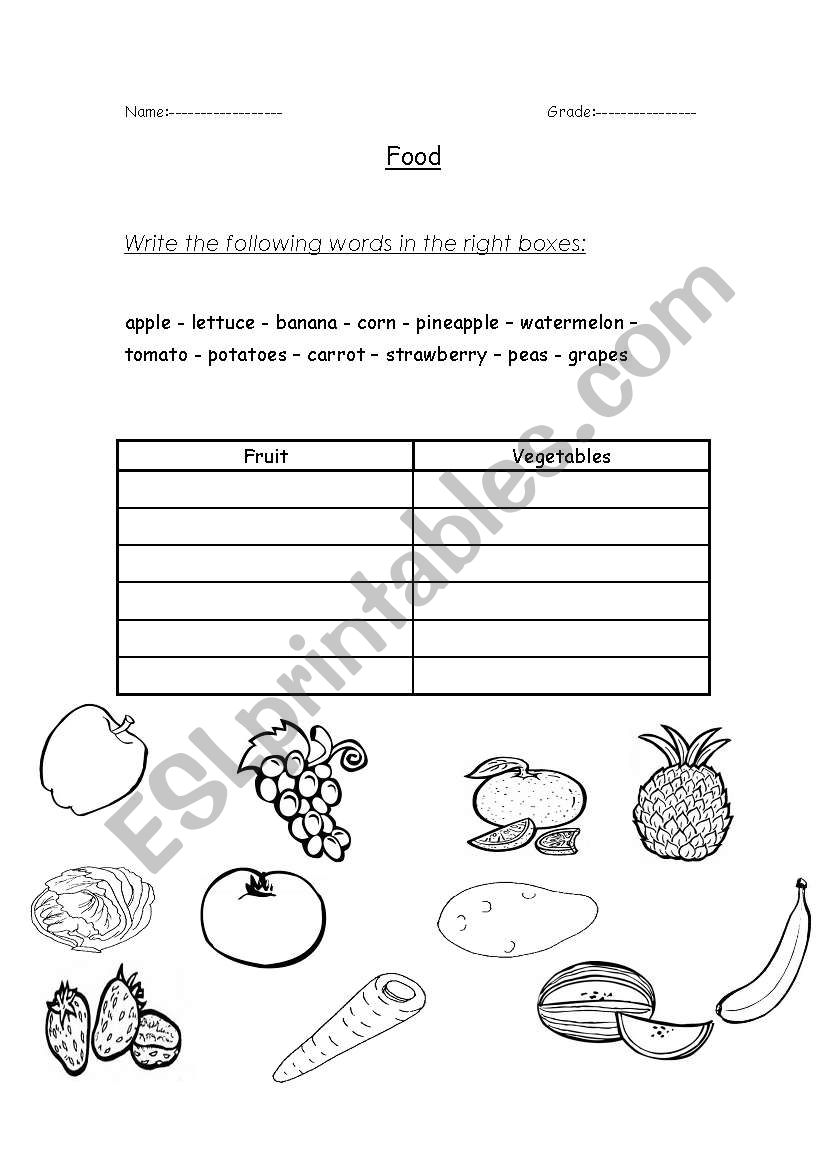 Food Table worksheet