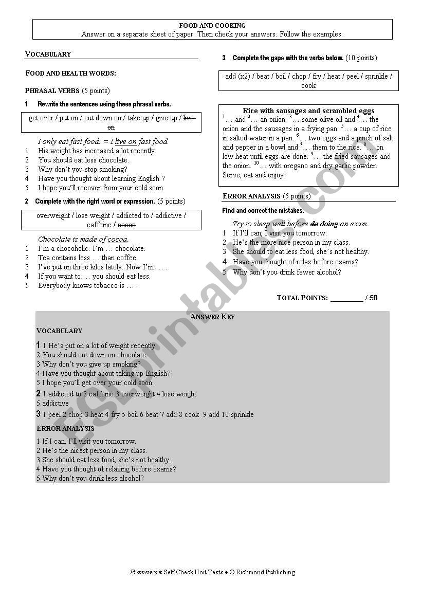 FOOD AND COOKING worksheet