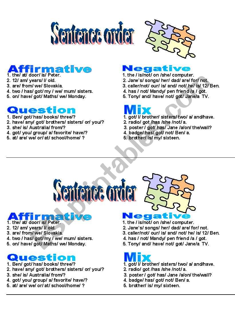 Sentence order worksheet