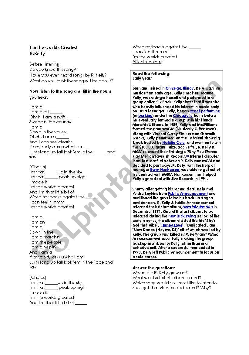 The Worlds Greatest - R Kelly worksheet