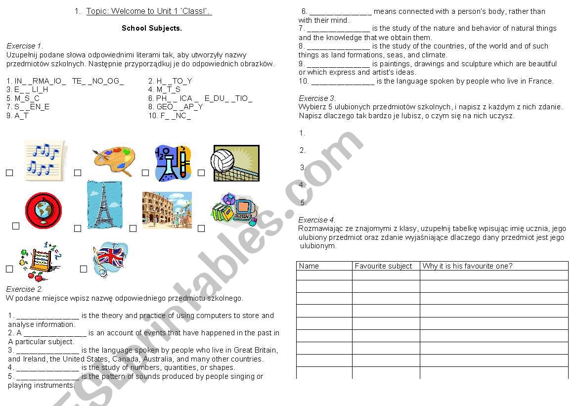 School subject  worksheet