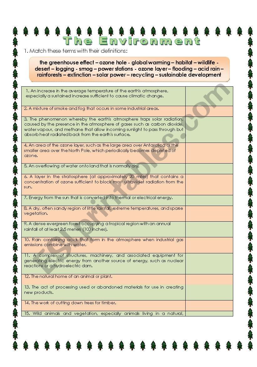 The environment: definitions worksheet