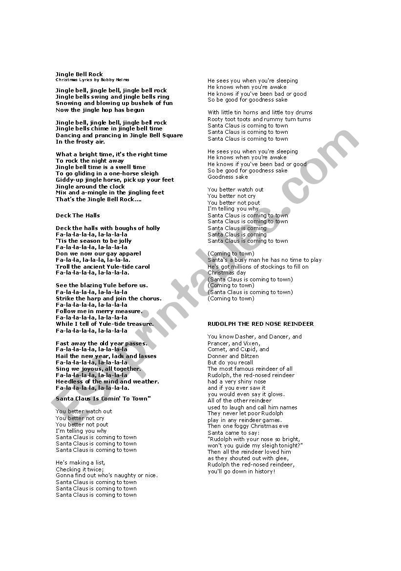 x-mas carols collection worksheet