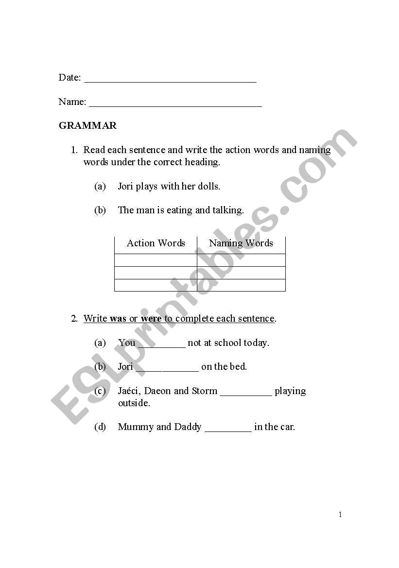 Grammar test worksheet